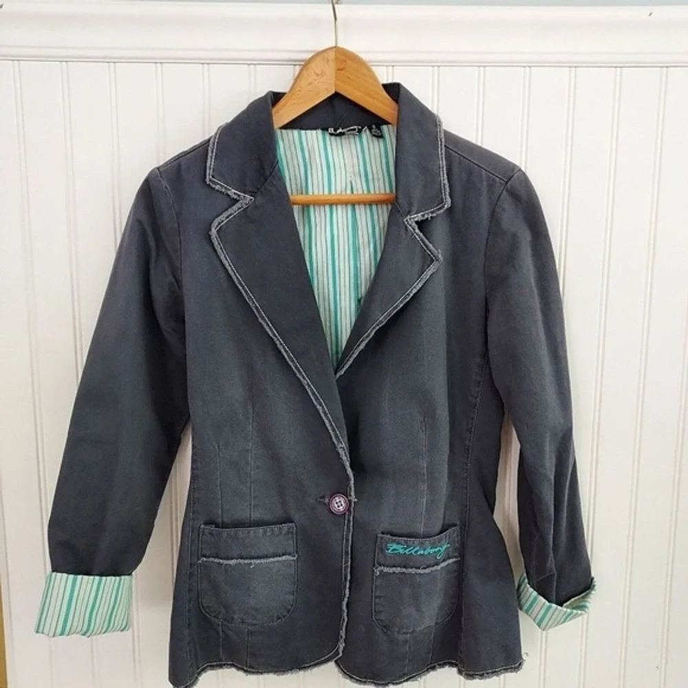 Vtg Billabong Gray Raw Edge Distressed Blazer Jacket Indie 8 Skater Surf Y2K